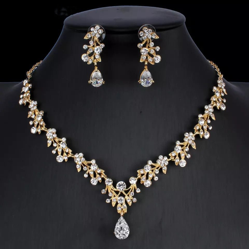 Golden zircon bridal jewelry set with matching necklace and earrings by Ancient Energy, perfect for wedding accessories.