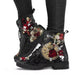 Ancient Energy Gothic print vegan leather combat boots with lace-up design and chunky soles, stylish and edgy footwear.