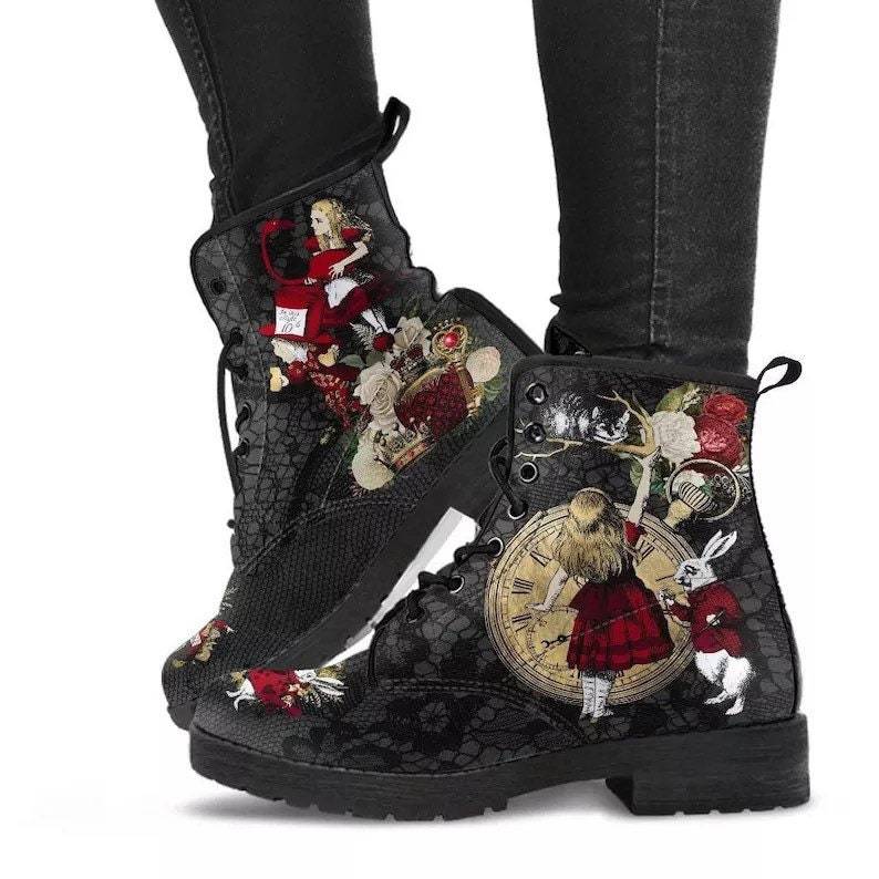 Ancient Energy Gothic print vegan leather combat boots with lace-up design and chunky soles, stylish and edgy footwear.