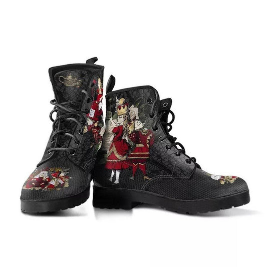 Gothic print vegan leather combat boots by Ancient Energy featuring pointed toes and lace-up design.