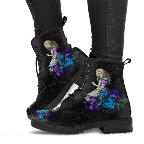 Gothic print vegan leather combat boots with chunky soles and lace-up design from Ancient Energy.