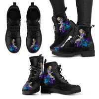 Gothic print vegan leather combat boots by Ancient Energy featuring dark, edgy design with lace-up front and chunky sole.