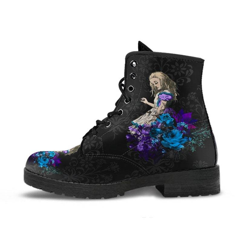 Gothic print vegan leather combat boots from Ancient Energy featuring lace-up design and edgy gothic style.