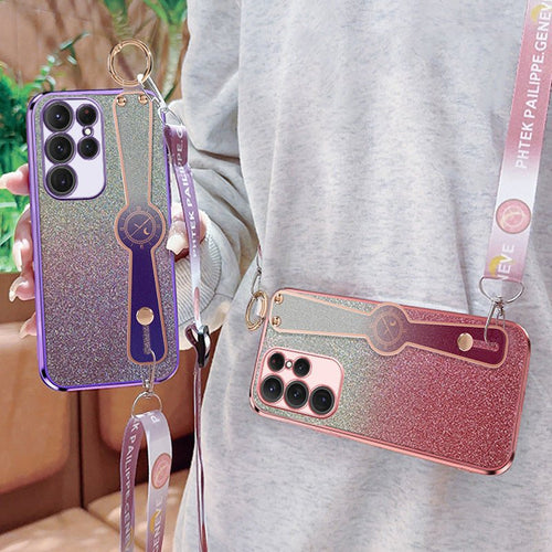 Gradient glitter wristband cross-body lanyard phone case by Ancient Energy with colorful, sparkly design and secure phone protection.