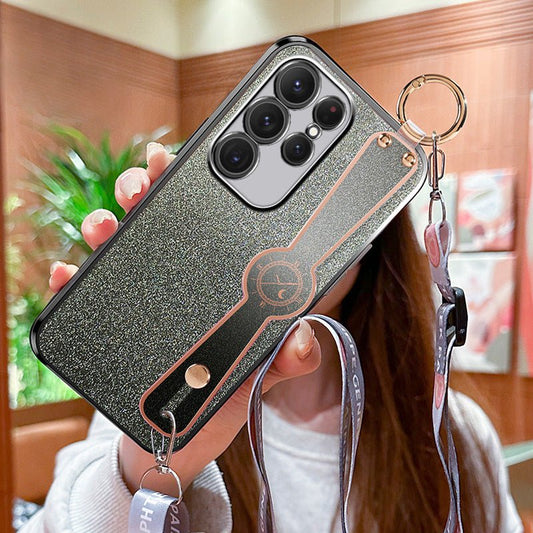 Gradient glitter wristband cross-body lanyard phone case by Ancient Energy, featuring a colorful shimmering design and secure phone holder.