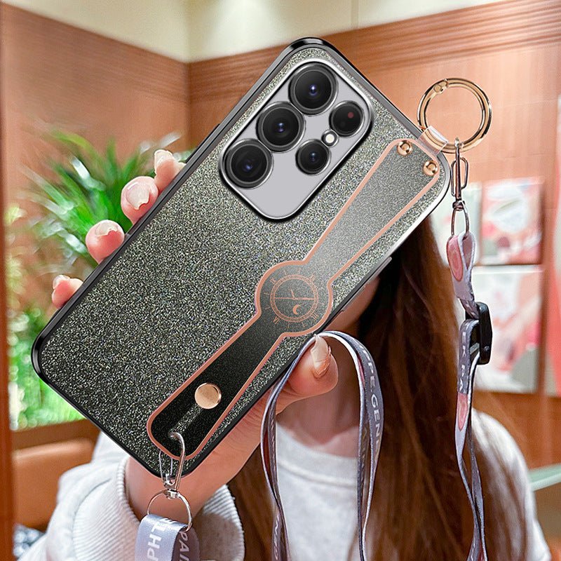 Gradient glitter wristband cross-body lanyard phone case by Ancient Energy, featuring a colorful shimmering design and secure phone holder.