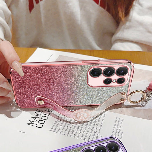 Gradient glitter wristband cross-body lanyard phone case by Ancient Energy with colorful shimmering design and adjustable strap.