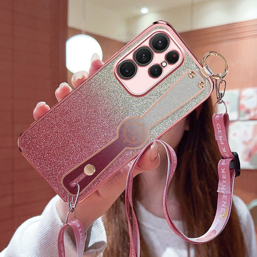Gradient glitter wristband crossbody lanyard phone case by Ancient Energy showing a colorful, sparkly design with a secure phone slot.