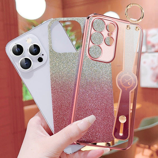 Gradient glitter wristband cross body lanyard phone case by Ancient Energy, featuring a vibrant design and secure phone protection.