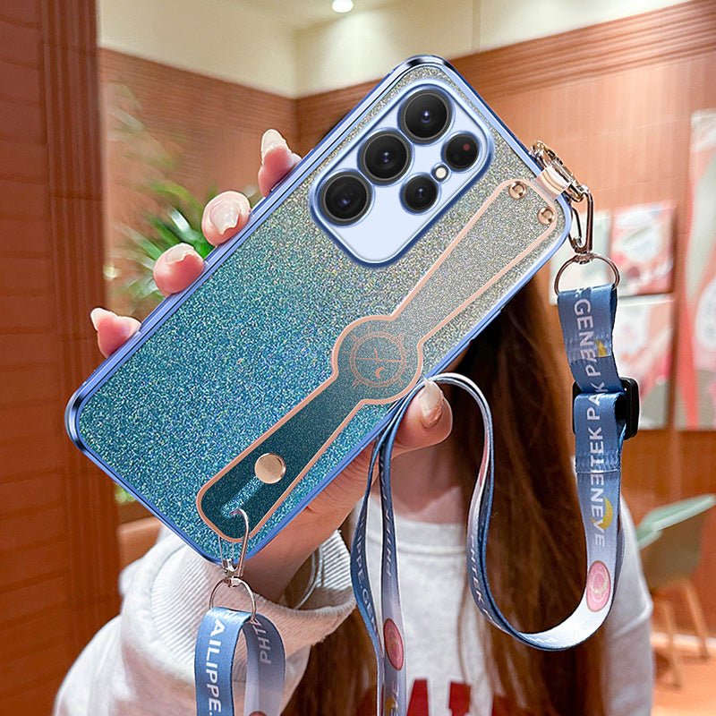 Gradient glitter wristband cross body lanyard phone case by Ancient Energy featuring colorful glitter and a convenient carrying strap.