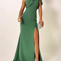 Green Bow Tube Top Evening Dress by Ancient Energy featuring a sleek, fitted design with a stylish bow detail at the neckline.
