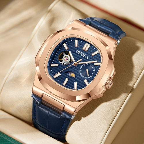 Ancient Energy mechanical watch with sun, moon, and stars design, waterproof leather strap, showcasing intricate celestial details.