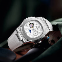 Ancient Energy mechanical watch with sun, moon, and stars design, waterproof leather strap, showcasing intricate celestial details.