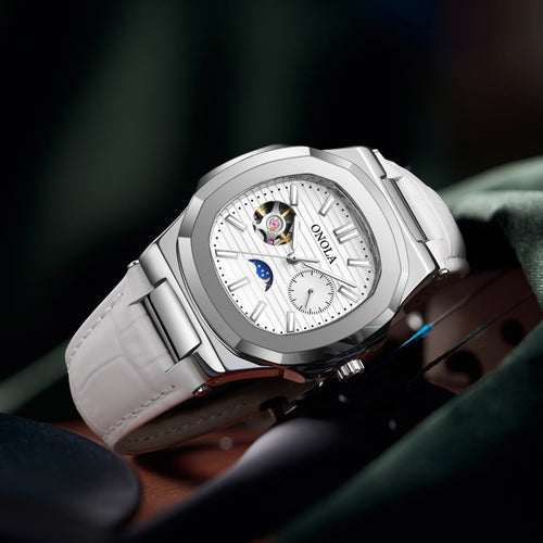 Ancient Energy mechanical watch with sun, moon, and stars design, waterproof leather strap, showcasing intricate celestial details.