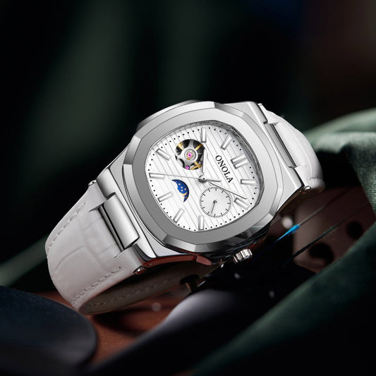Ancient Energy mechanical watch with sun, moon, and stars design, waterproof leather strap, showcasing intricate celestial details.