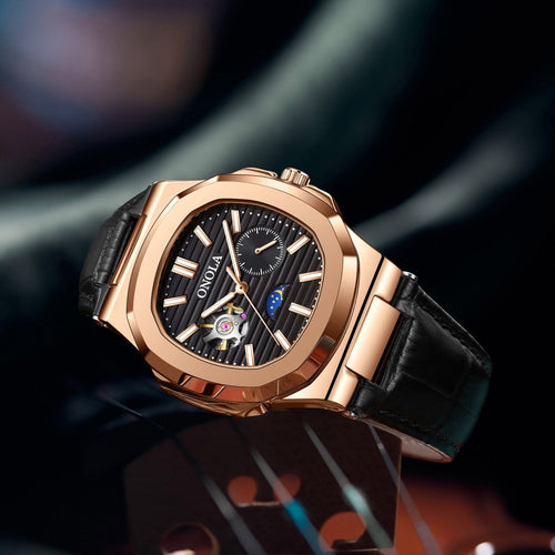 Ancient Energy mechanical watch featuring sun, moon, and stars design with waterproof leather strap.