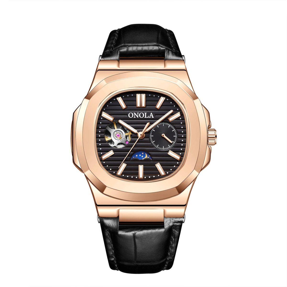 Ancient Energy mechanical watch with sun, moon, and stars design, waterproof leather strap, showcasing intricate celestial details.