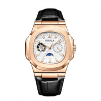 Ancient Energy mechanical watch with sun, moon, and stars design, waterproof leather strap, showcasing intricate dial details.