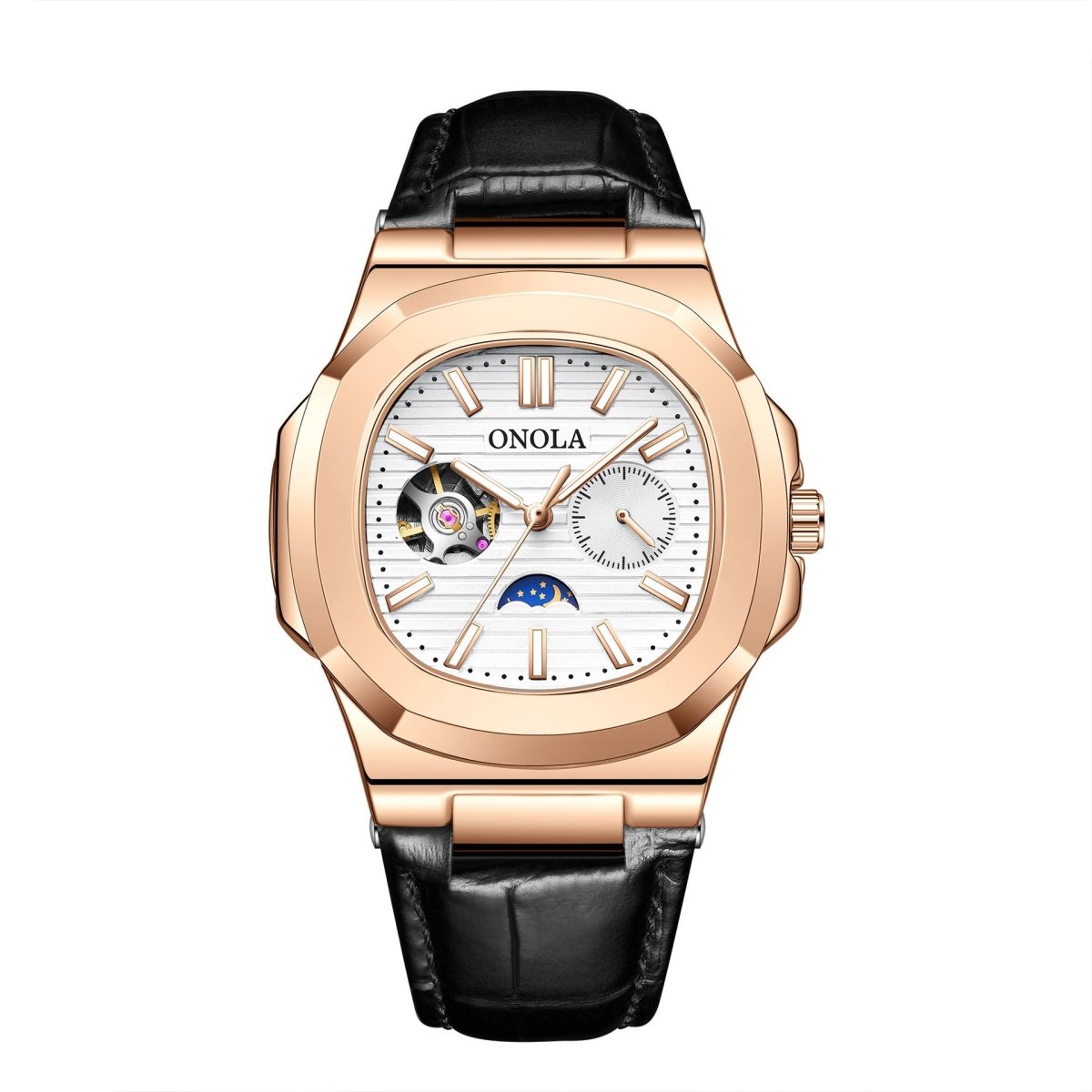 Ancient Energy mechanical watch with sun, moon, and stars design, waterproof leather strap, showcasing intricate dial details.