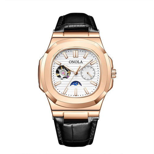 Ancient Energy mechanical watch with sun, moon, and stars design, waterproof leather strap, showcasing intricate dial details.