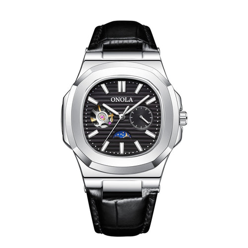 Ancient Energy mechanical watch with sun, moon, and stars design, waterproof leather strap and classic analog display.