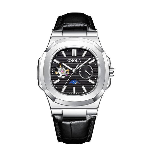 Ancient Energy mechanical watch with sun, moon, and stars design, waterproof leather strap and classic analog display.