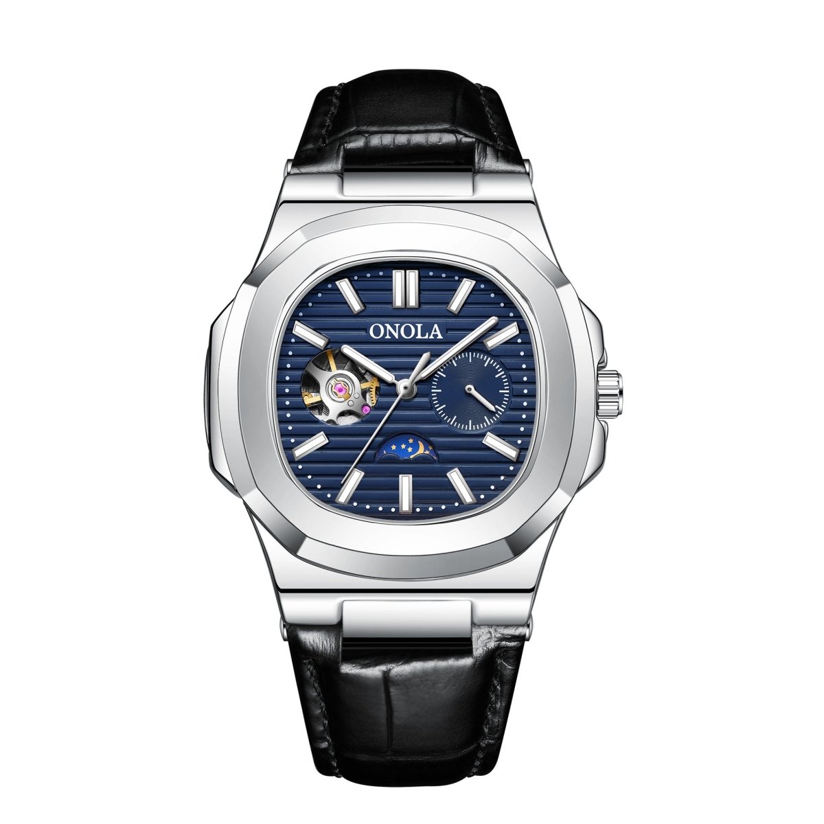 Ancient Energy mechanical watch with sun, moon, and stars design, waterproof leather strap and detailed dial.
