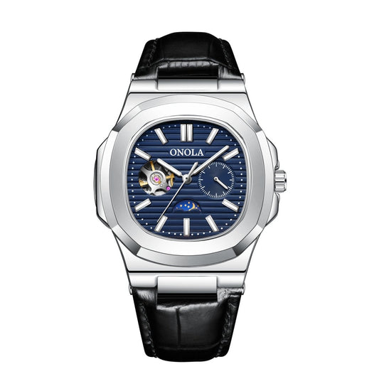Ancient Energy mechanical watch with sun, moon, and stars design, waterproof leather strap and detailed dial.