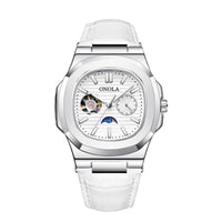 Ancient Energy mechanical watch with sun, moon, and stars design, waterproof leather strap, showcasing intricate dial details.