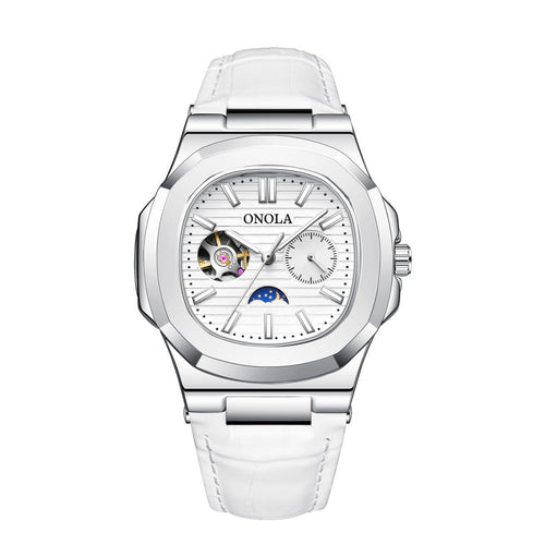 Ancient Energy mechanical watch with sun, moon, and stars design, waterproof leather strap, showcasing intricate dial details.
