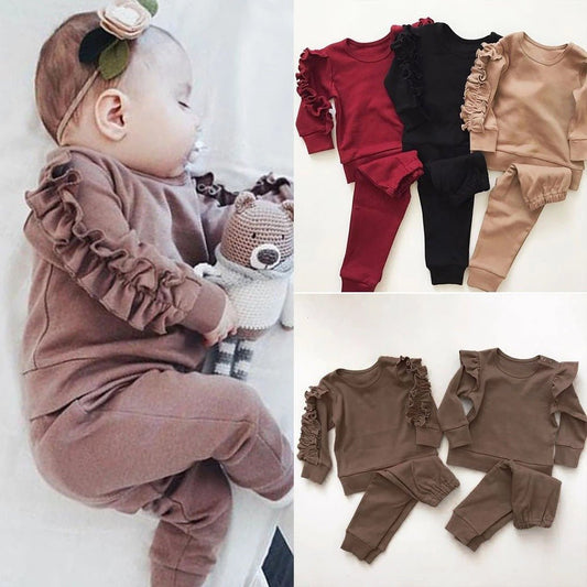 Infant baby ruffles jumper and long sleeve shirt set by Ancient Energy, solid color 2-piece fall outfit for boys and girls.