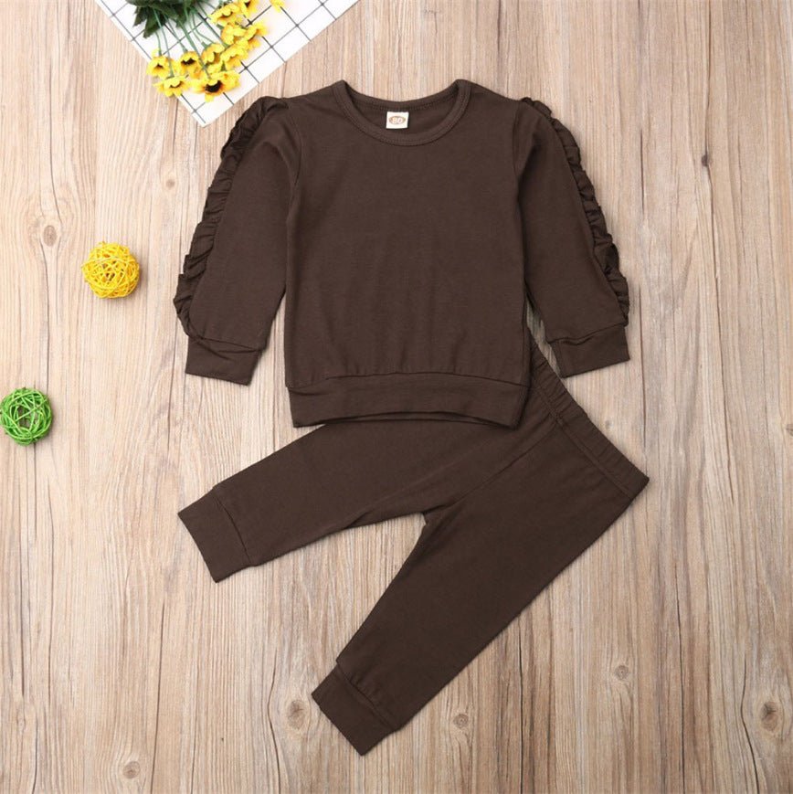 Ancient Energy infant baby ruffles jumper and long sleeve set for boys and girls, 2-piece fall outfit with solid design.