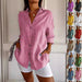 Ancient Energy women's lapel long sleeve shirt with single-breasted design and pleated front, stylish shirt top for casual or office wear.