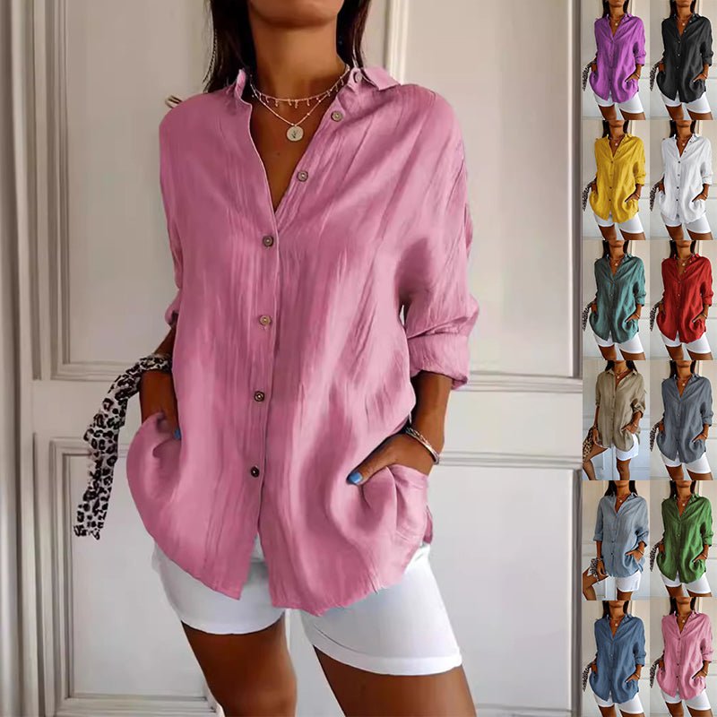 Ancient Energy women's lapel long sleeve shirt with single-breasted design and pleated front, stylish shirt top for casual or office wear.