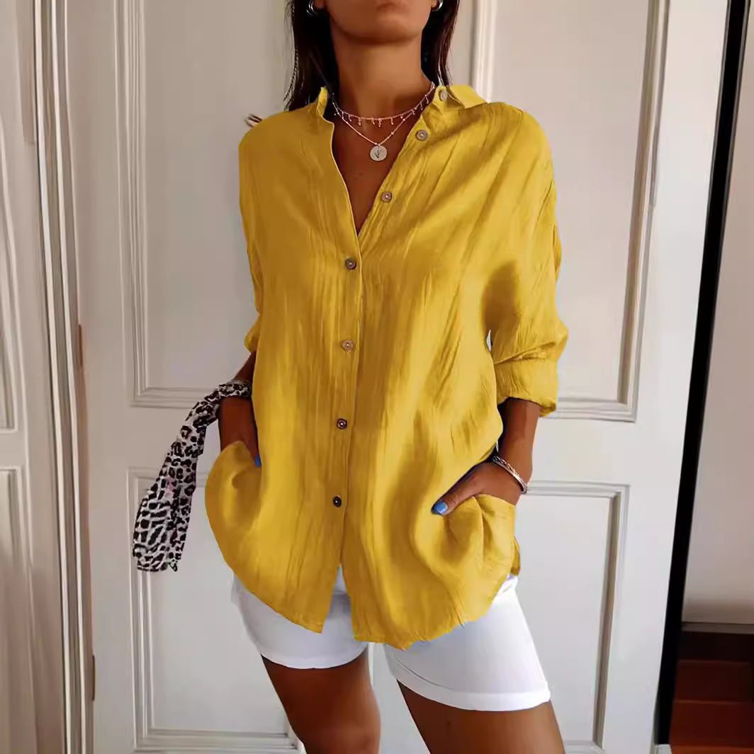 Women's Ancient Energy lapel long sleeve shirt with single-breasted design and pleated details, stylish shirt tops for casual or office wear.