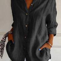Ancient Energy women's long sleeve lapel shirt with single-breasted design and pleated front, casual stylish blouse for women.