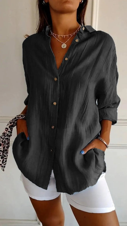 Ancient Energy women's long sleeve lapel shirt with single-breasted design and pleated front, casual stylish blouse for women.