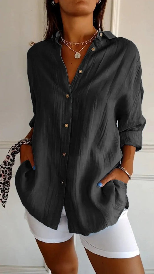 Ancient Energy women's long sleeve lapel shirt with single-breasted design and pleated front, casual stylish blouse for women.