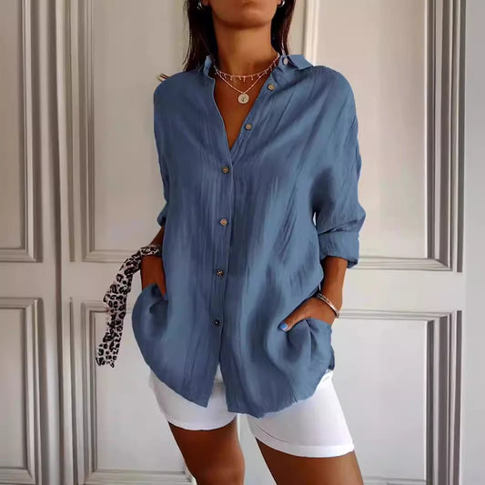 Ancient Energy women's lapel long sleeve shirt with single-breasted design and pleated front, stylish clothing top for women.