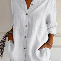 Ancient Energy women's lapel long sleeve shirt with single-breasted design and pleated front, stylish shirt tops for women.