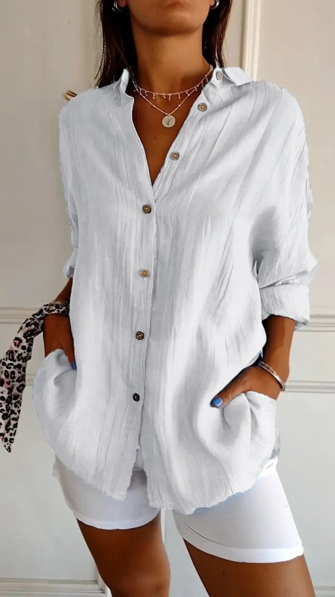 Ancient Energy women's lapel long sleeve shirt with single-breasted design and pleated front, stylish shirt tops for women.