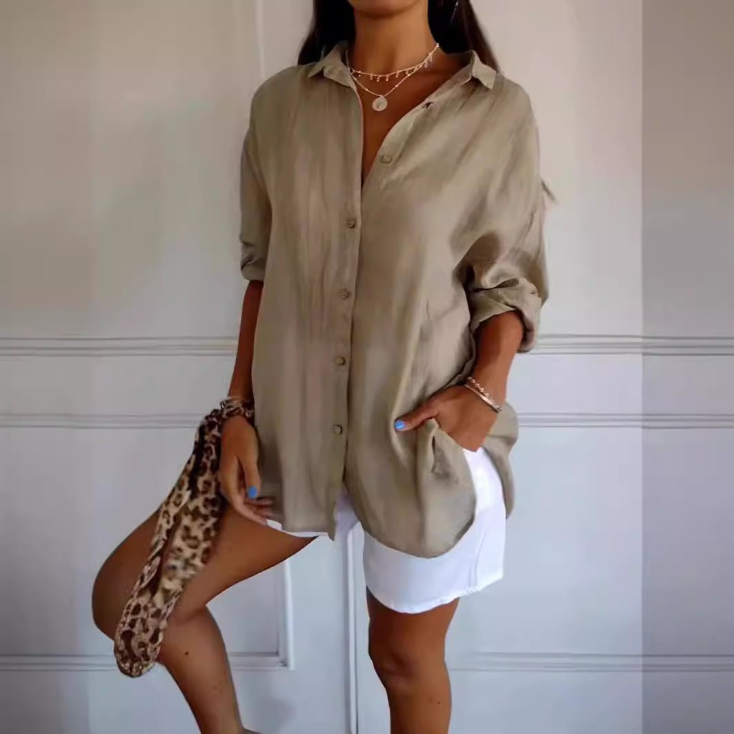 Women's Ancient Energy lapel long sleeve shirt with single-breasted design and pleated details, perfect for stylish casual wear.