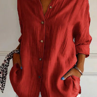 Women's lapel long sleeve shirt by Ancient Energy featuring a single-breasted design and pleated detailing.