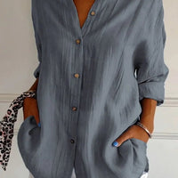 Ancient Energy women's lapel long sleeve shirt with single-breasted design and pleated front, stylish shirt tops for women.