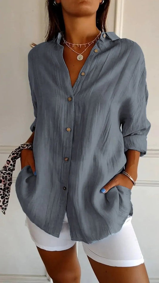 Ancient Energy women's lapel long sleeve shirt with single-breasted design and pleated front, stylish shirt tops for women.
