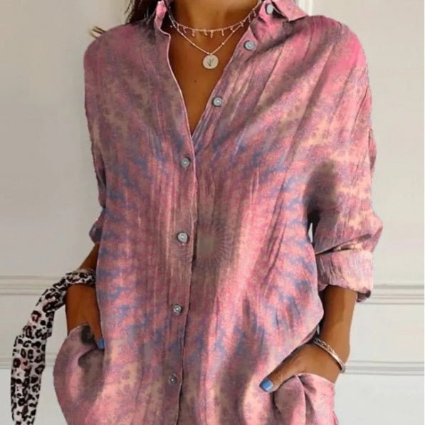 Women's lapel long sleeve shirt by Ancient Energy featuring a single-breasted design and pleated front, stylish and versatile top.