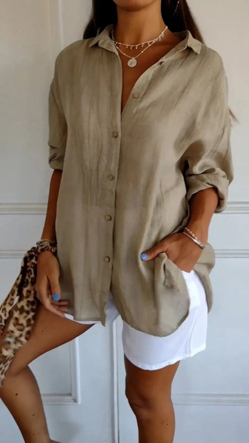 Women's lapel long sleeve shirt by Ancient Energy, featuring a single-breasted design and pleated details, stylish shirt tops.