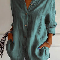 Women's lapel long sleeve shirt by Ancient Energy featuring a single-breasted design and pleated front, casual and stylish.