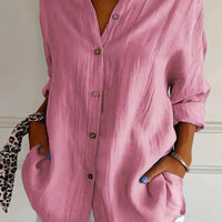 Women's Ancient Energy lapel long sleeve shirt with single-breasted design and pleated front, stylish top for casual or office wear.