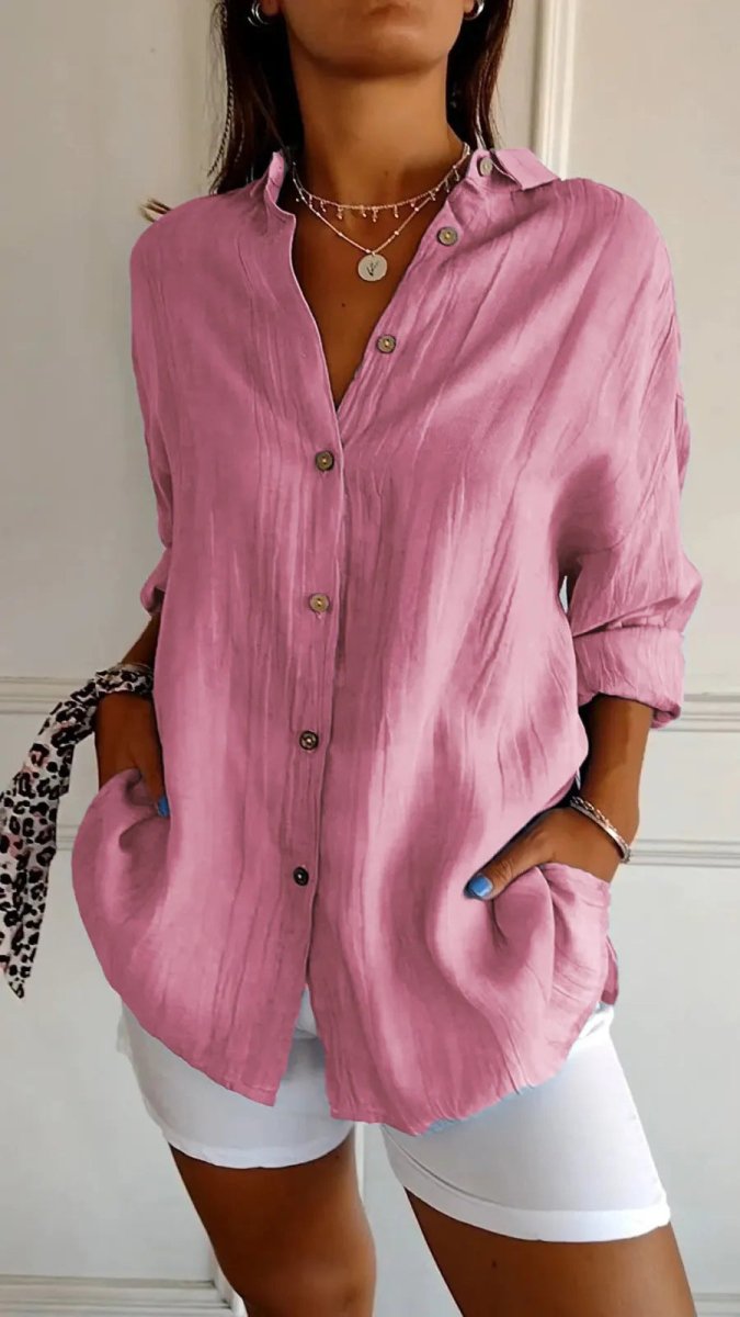 Women's Ancient Energy lapel long sleeve shirt with single-breasted design and pleated front, stylish top for casual or office wear.